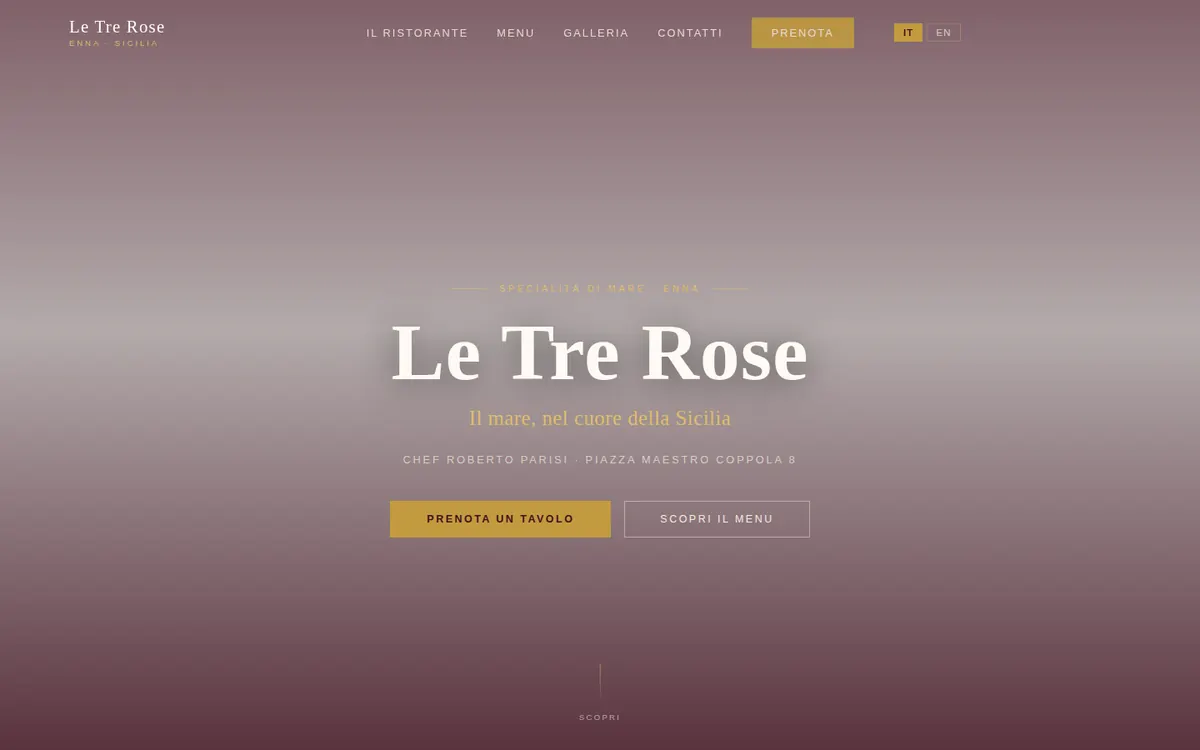 Startseite der Konzeptstudie Le Tre Rose, Website für ein Fischrestaurant